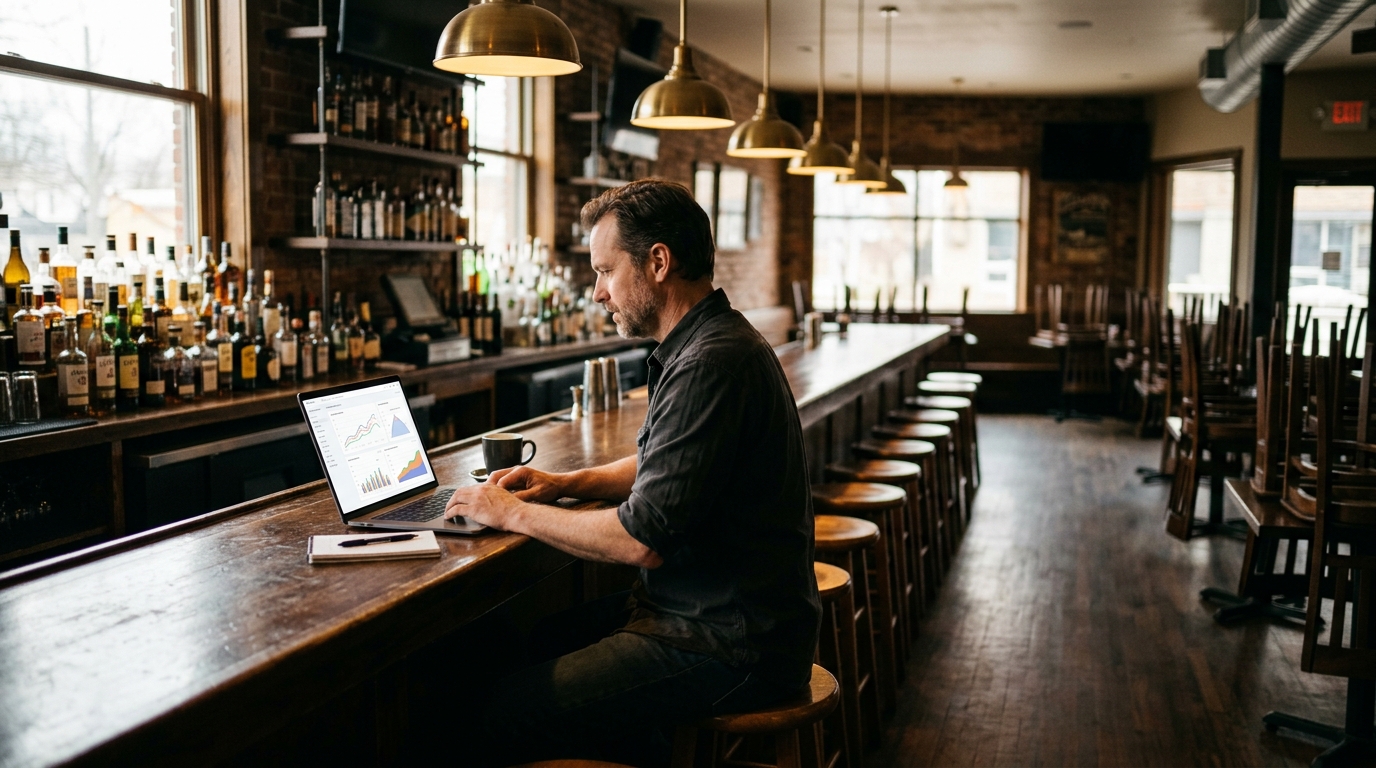 Bar owner reviewing search performance charts on a laptop at an empty bar before opening