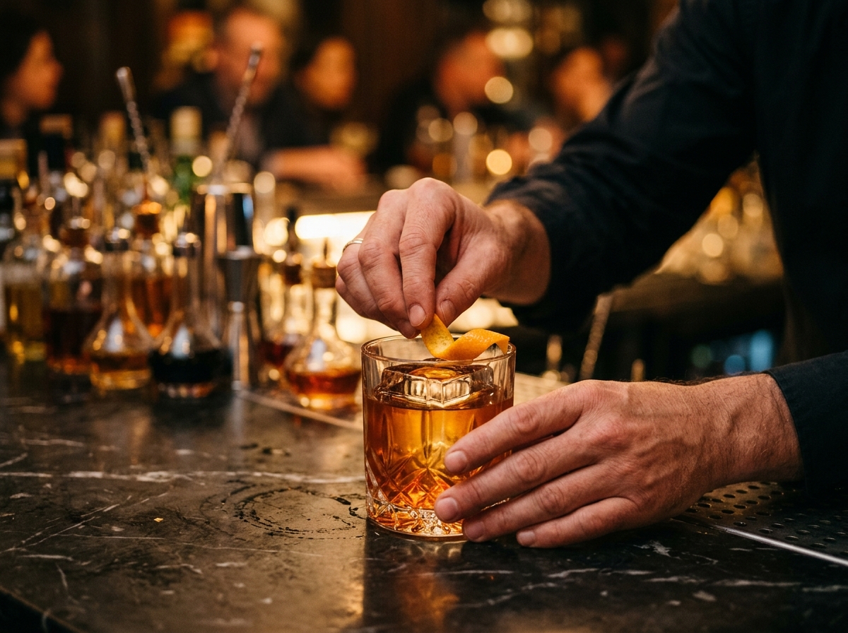 Bartender adding an orange peel garnish to a cocktail on a marble bar