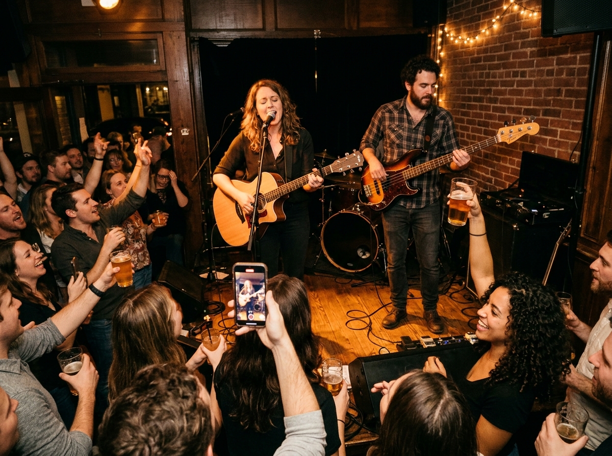 Singer and bassist playing to a crowd filming on their phones in a busy bar