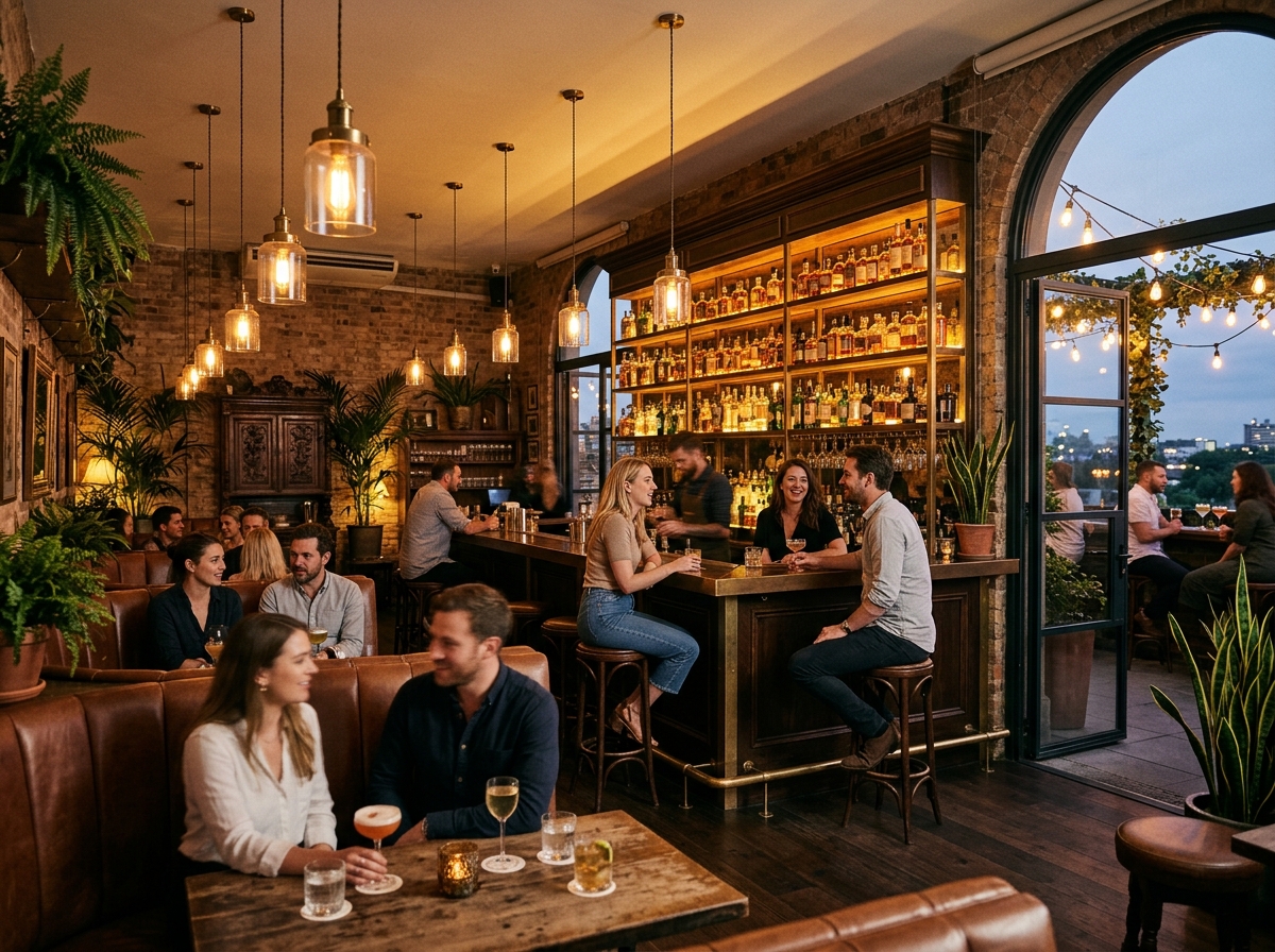 Warmly lit bar with leather booths, a glowing back bar and an open terrace door