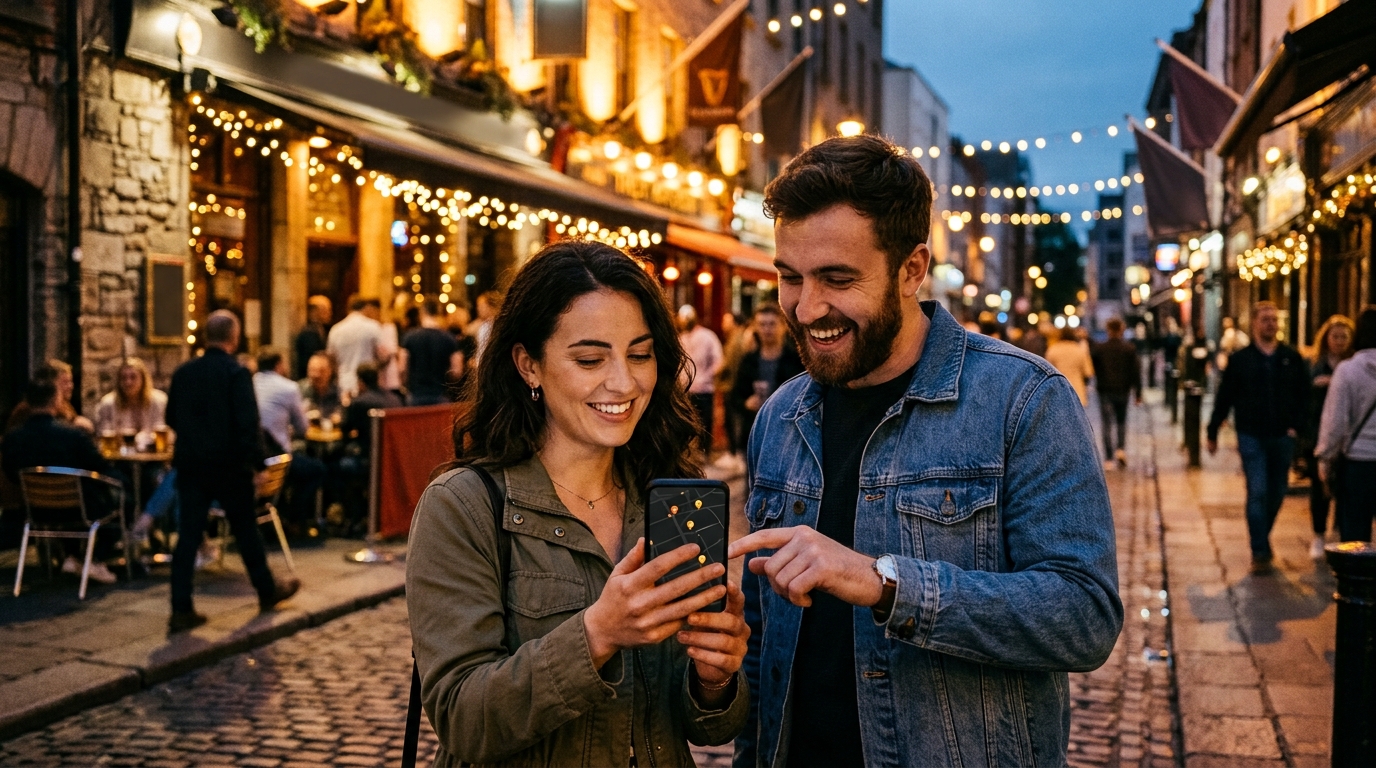 Two friends looking at a map on a phone to choose a bar on a lively nightlife street at dusk