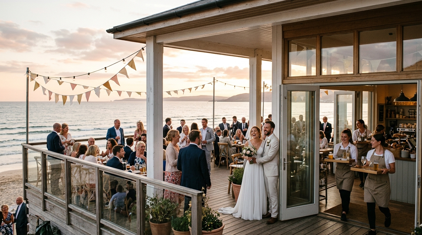 Guests chatting on the terrace of a seafront pavilion at golden hour