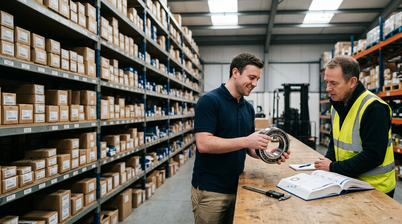 Sales engineer showing a customer a roller bearing at an industrial trade counter