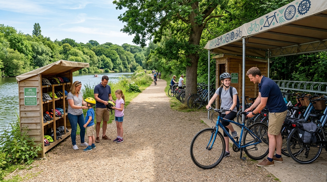 Family choosing helmets and bikes at a cycle hire point beside a waterside trail
