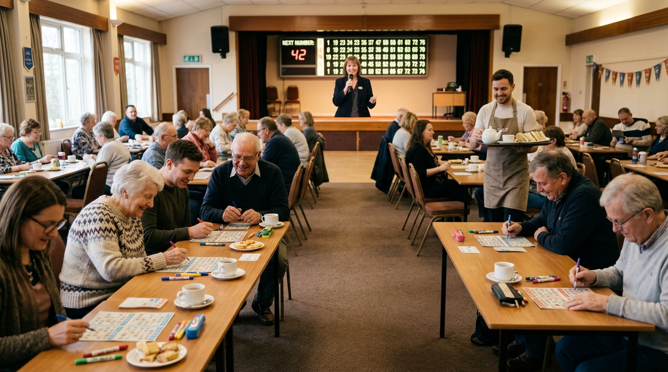 Players marking their cards during a session in a busy bingo hall