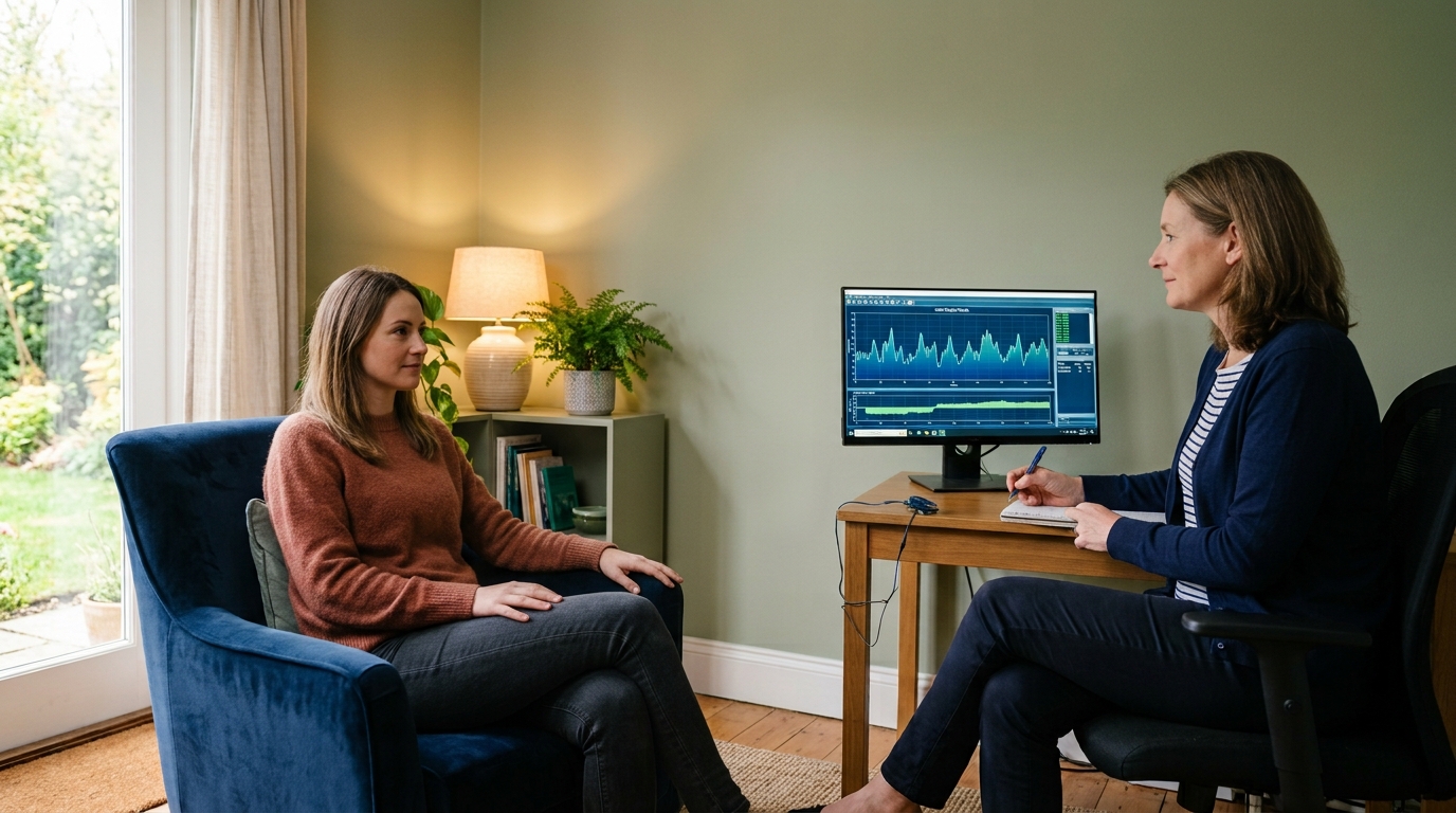 Practitioner and client reviewing a biofeedback screen in a calm therapy room