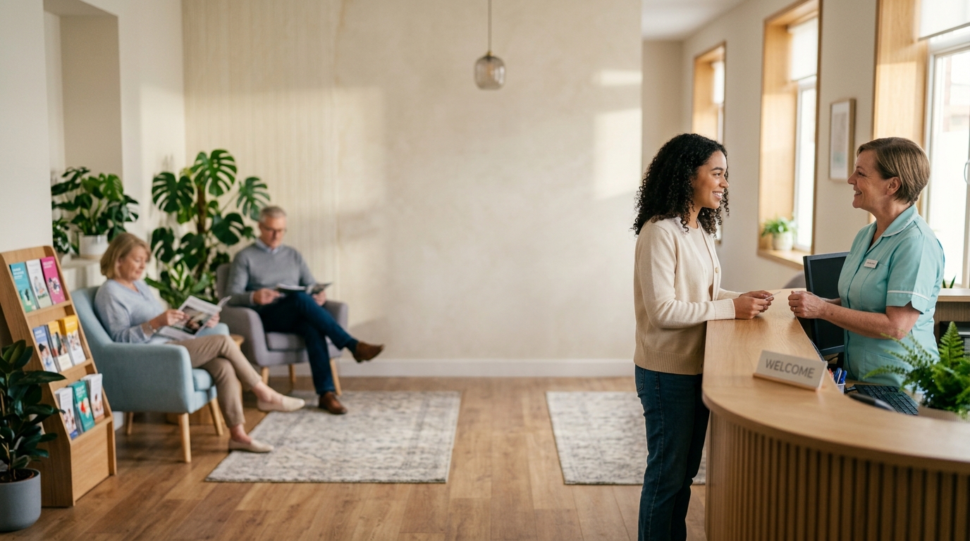 Nurse welcoming a visitor at the reception desk of a calm, welcoming clinic