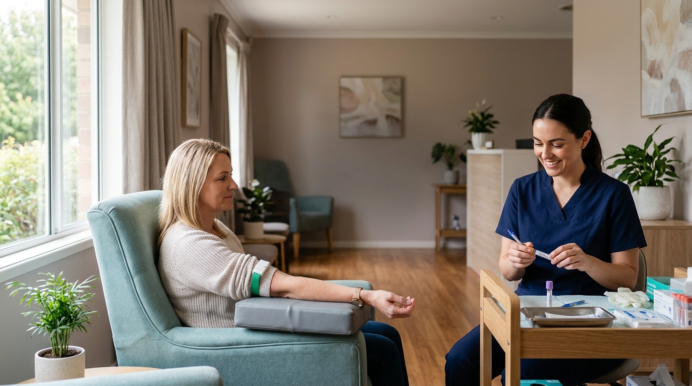 Phlebotomist preparing a blood sample for a relaxed client in a bright private clinic