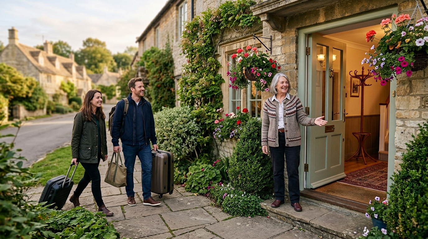 Host welcoming two guests with luggage at the front door of a traditional boarding house