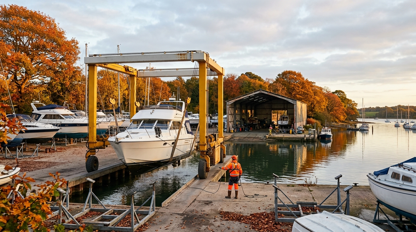 Travel hoist lifting a motor cruiser out of the water at a boatyard in autumn