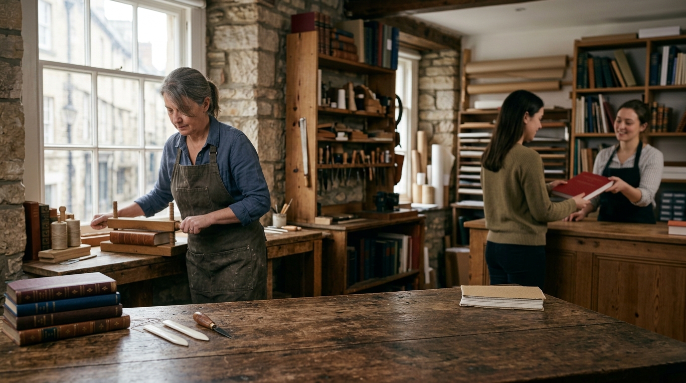 A bookbinder pressing a freshly sewn book in a daylight workshop while a student collects a bound thesis