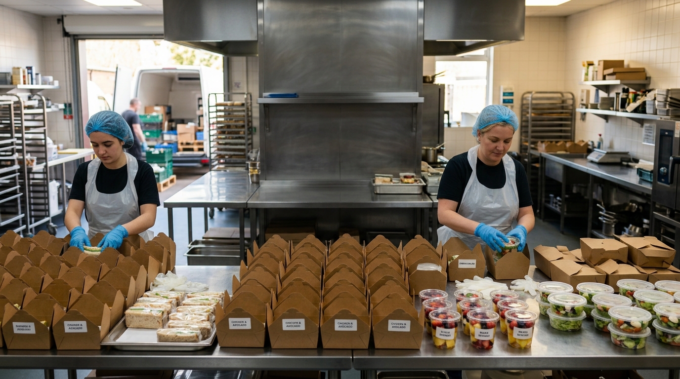 Catering staff packing rows of labelled boxed lunches on a stainless-steel counter in a commercial kitchen