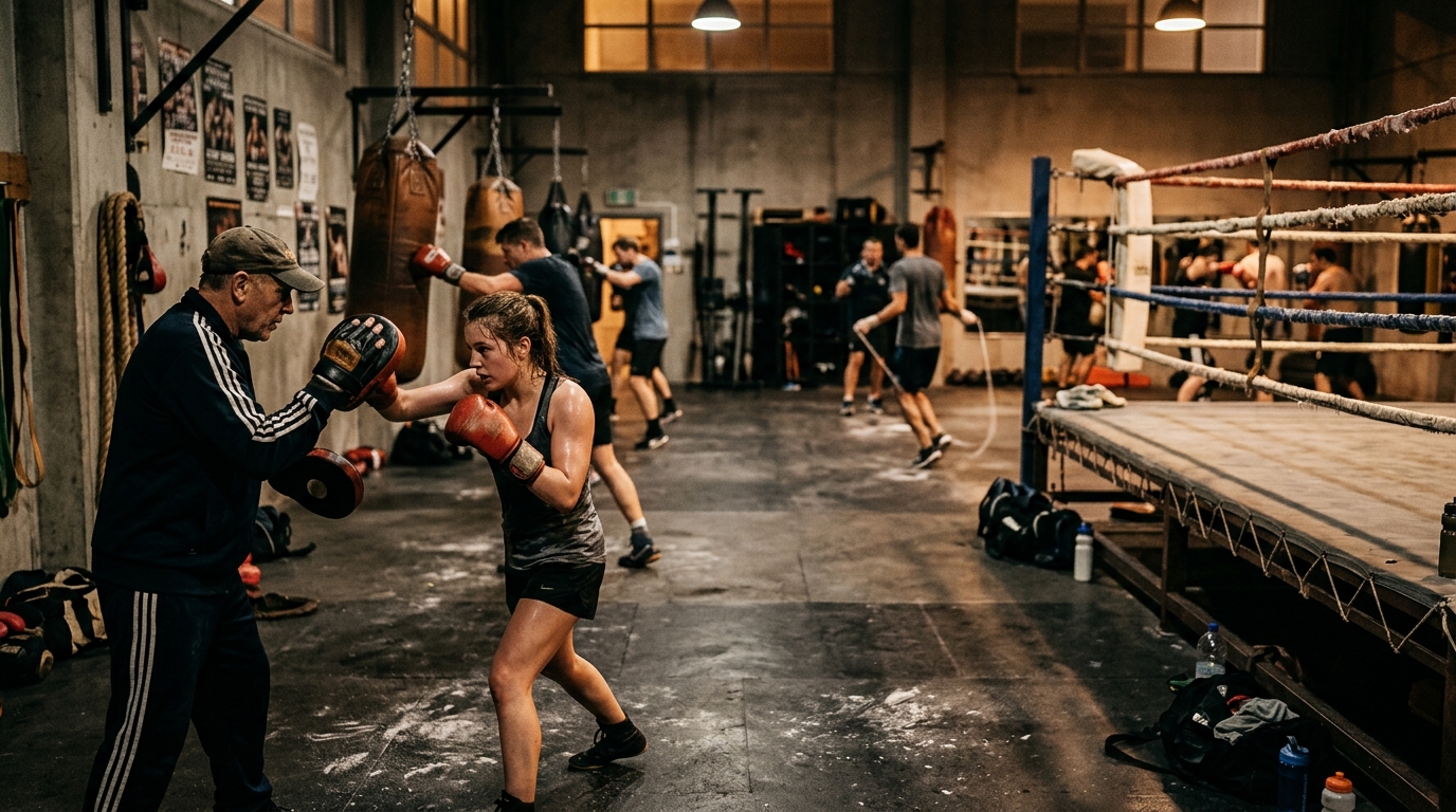 A coach holding pads for a beginner in a busy boxing gym with heavy bags and a ring behind