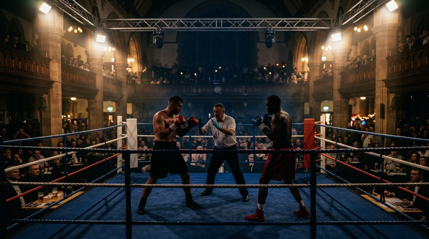 Two boxers facing each other in a lit ring at a fight night with a crowd at ringside tables