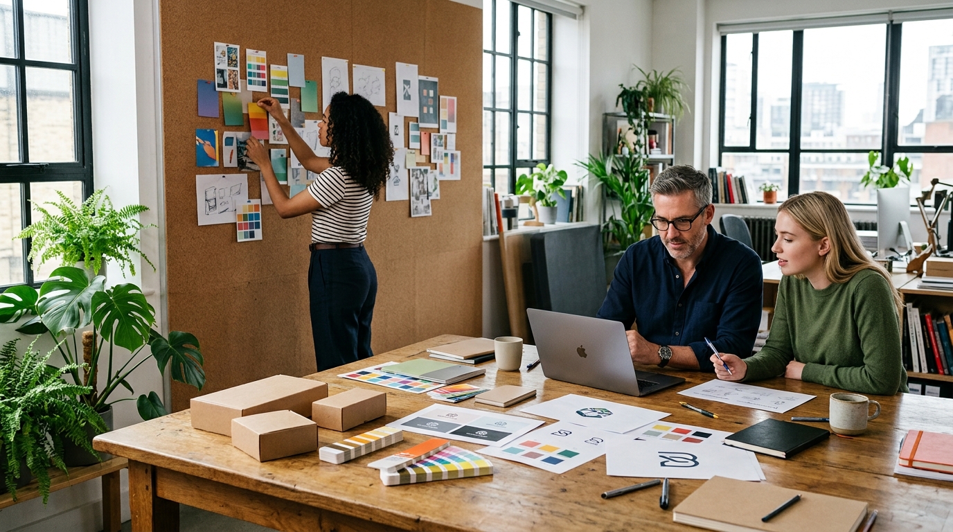 Brand strategists planning a personal brand with a mood board, swatches and a laptop