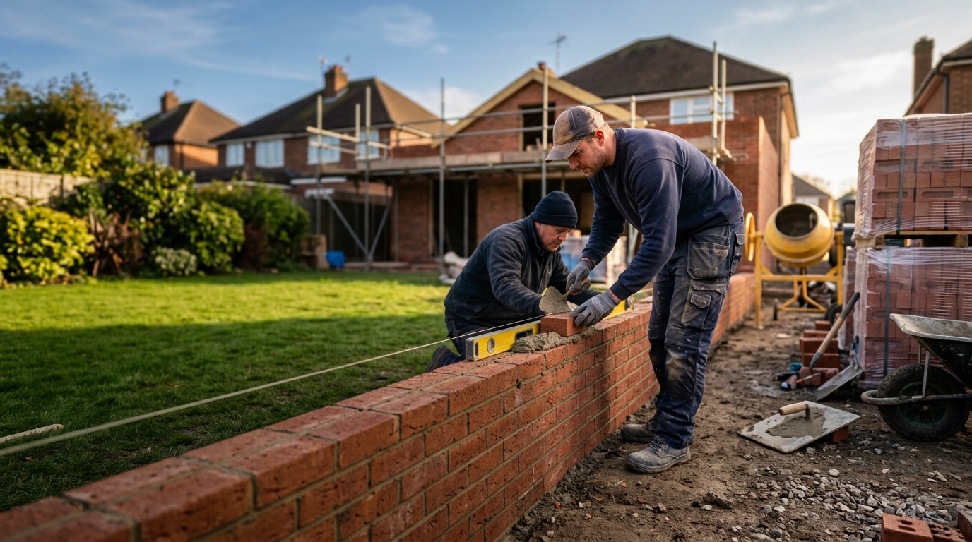 Two bricklayers laying courses on a new brick garden wall against a string line on a residential site