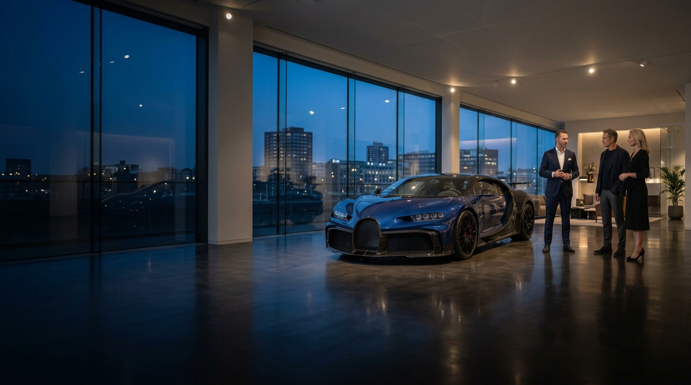A sales consultant talking with a couple beside a dark-blue hypercar in an exclusive showroom