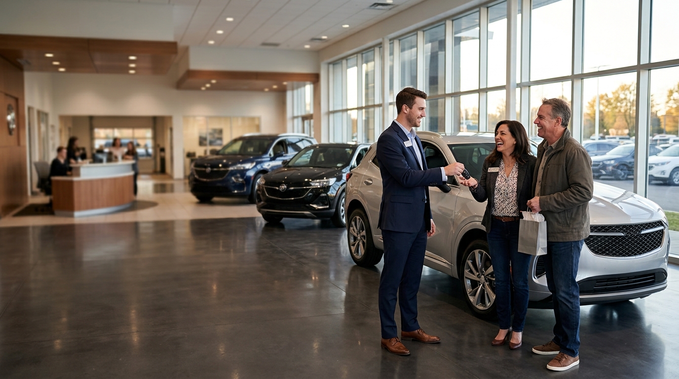 A sales adviser handing keys to a couple beside a new SUV in a bright dealership showroom