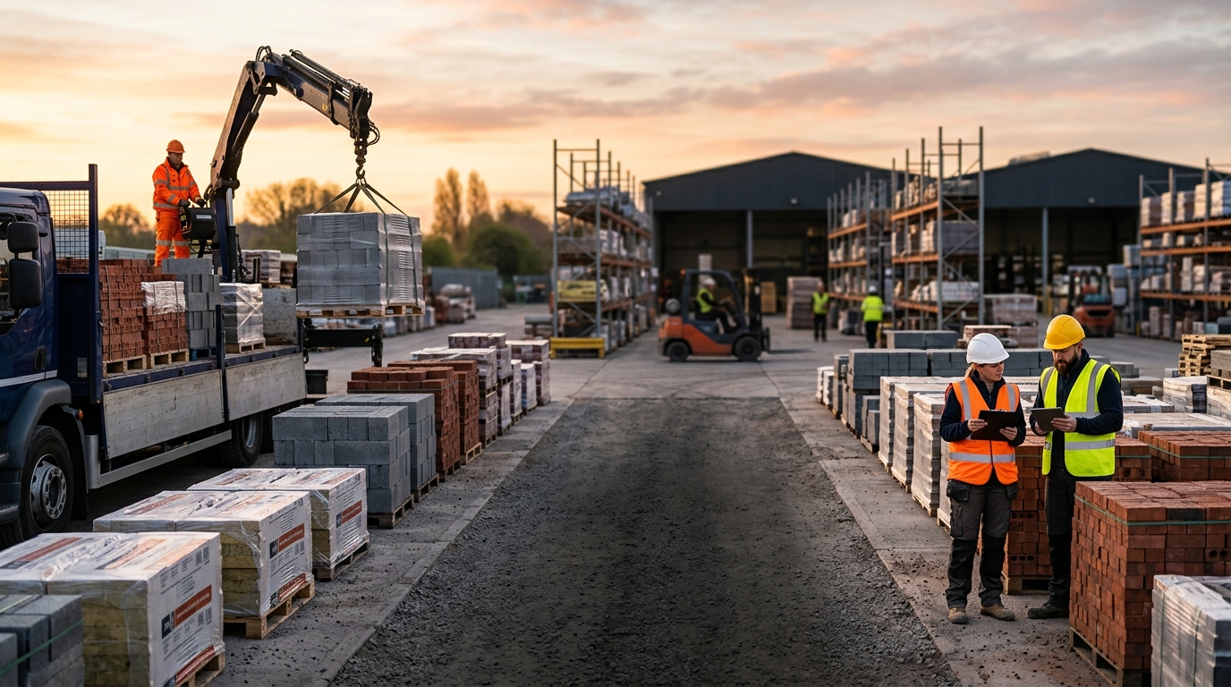 An account manager checking a delivery schedule with a contractor in a large building materials yard