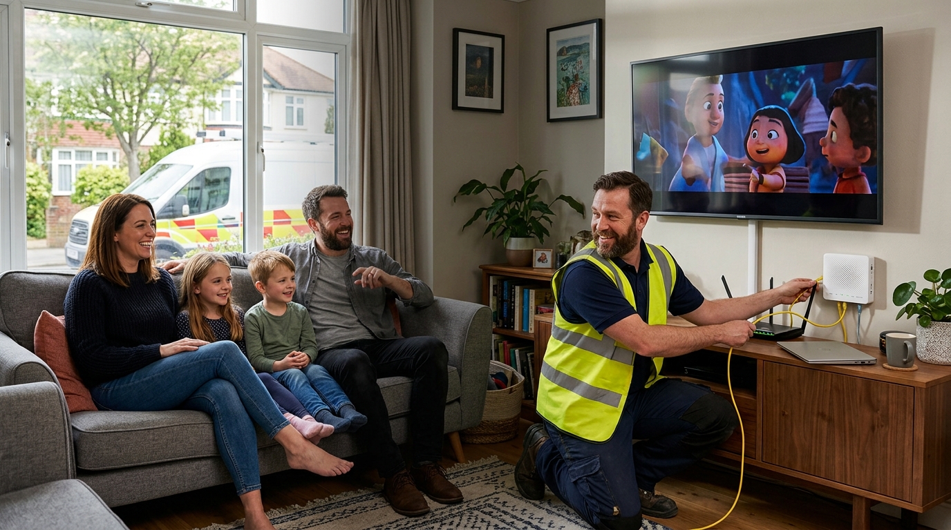 A cable engineer setting up a fibre connection beside a smiling family in their living room