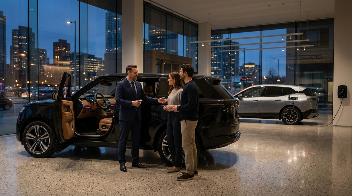 A sales adviser showing a couple the interior of a black luxury SUV in a modern showroom