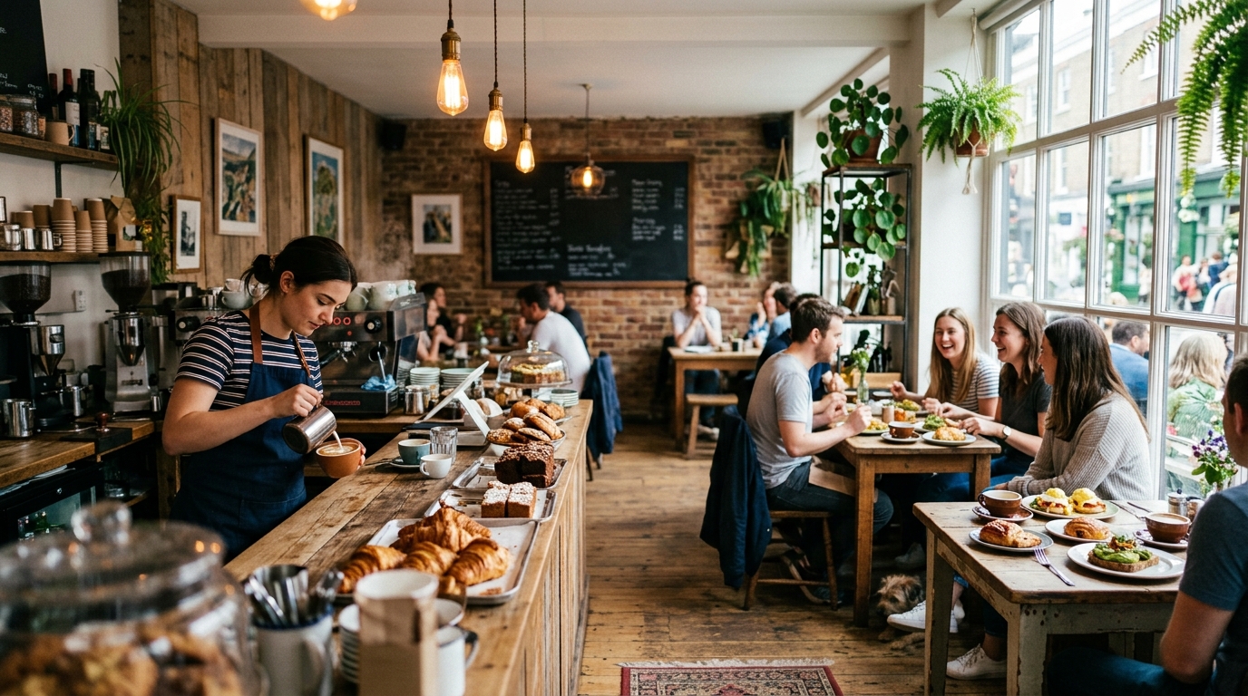 Friends sharing brunch at small tables in a sunlit café while a barista pours latte art at the counter