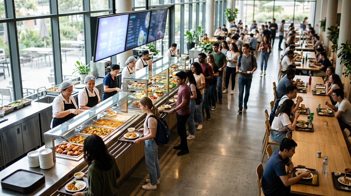 Cafeteria staff serving hot dishes to a queue of workers and students at a bright self-service counter