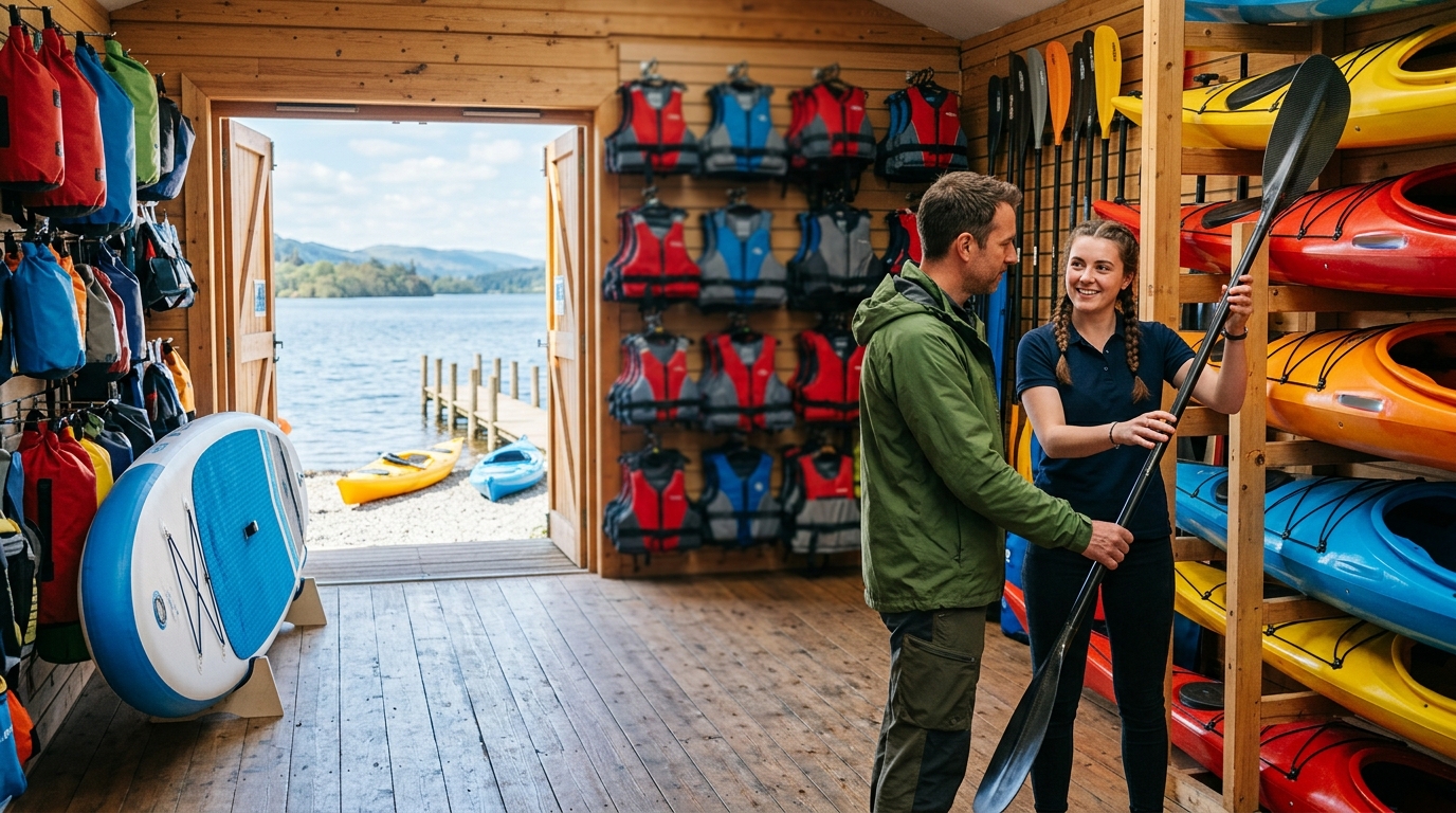 A staff member helping a customer test a paddle beside racks of colourful kayaks in a lakeside paddlesport shop