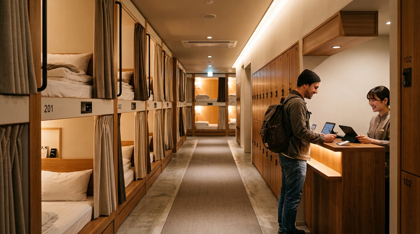 A traveller checking in at a capsule hotel with rows of sleeping pods behind the desk