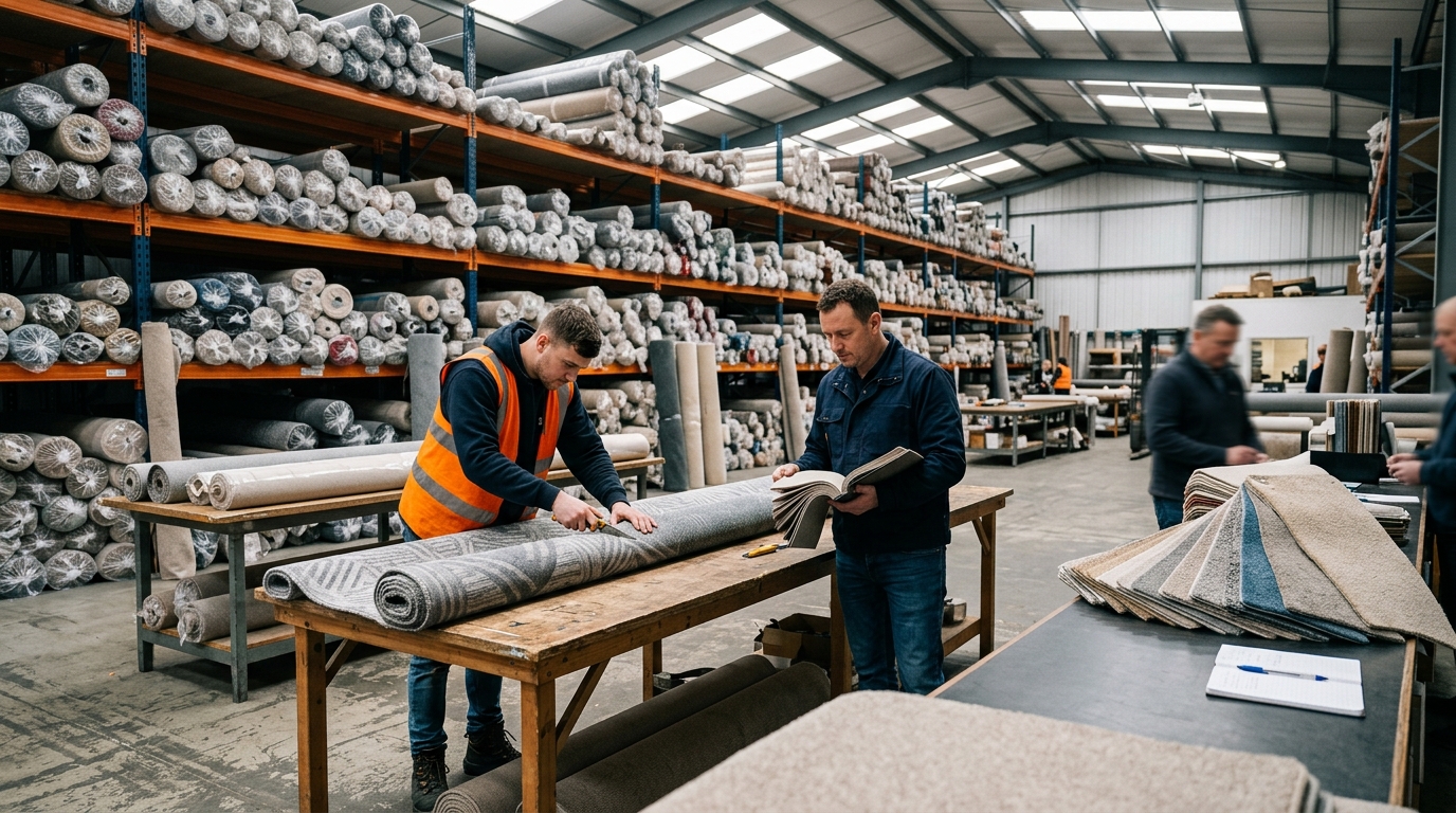 A warehouse worker cutting carpet from a roll while a fitter checks swatches at a trade counter