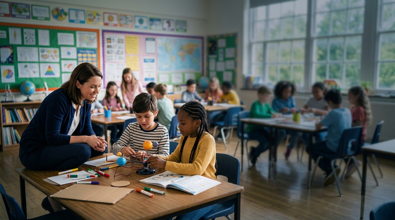 A teacher helping pupils with a science project in a bright charter school classroom