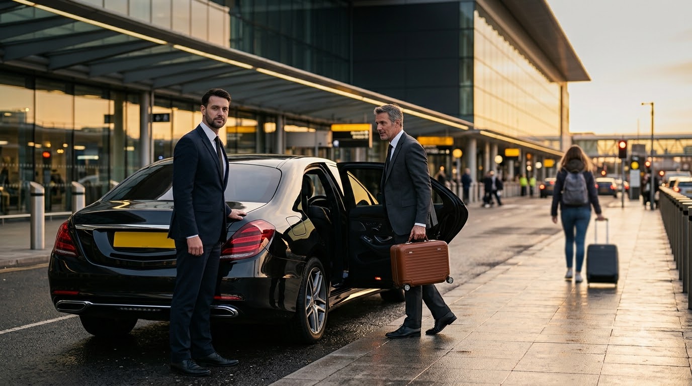 A chauffeur in a dark suit opening the door of an executive car outside an airport terminal