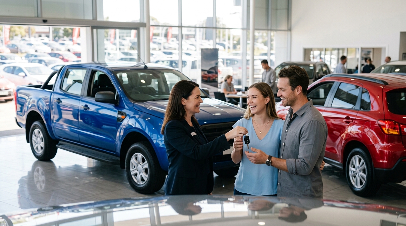 A sales adviser handing keys to a couple beside a new pickup truck in a dealership showroom