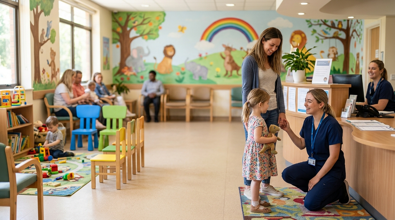 A paediatric nurse greeting a young child and parent at a colourful polyclinic reception