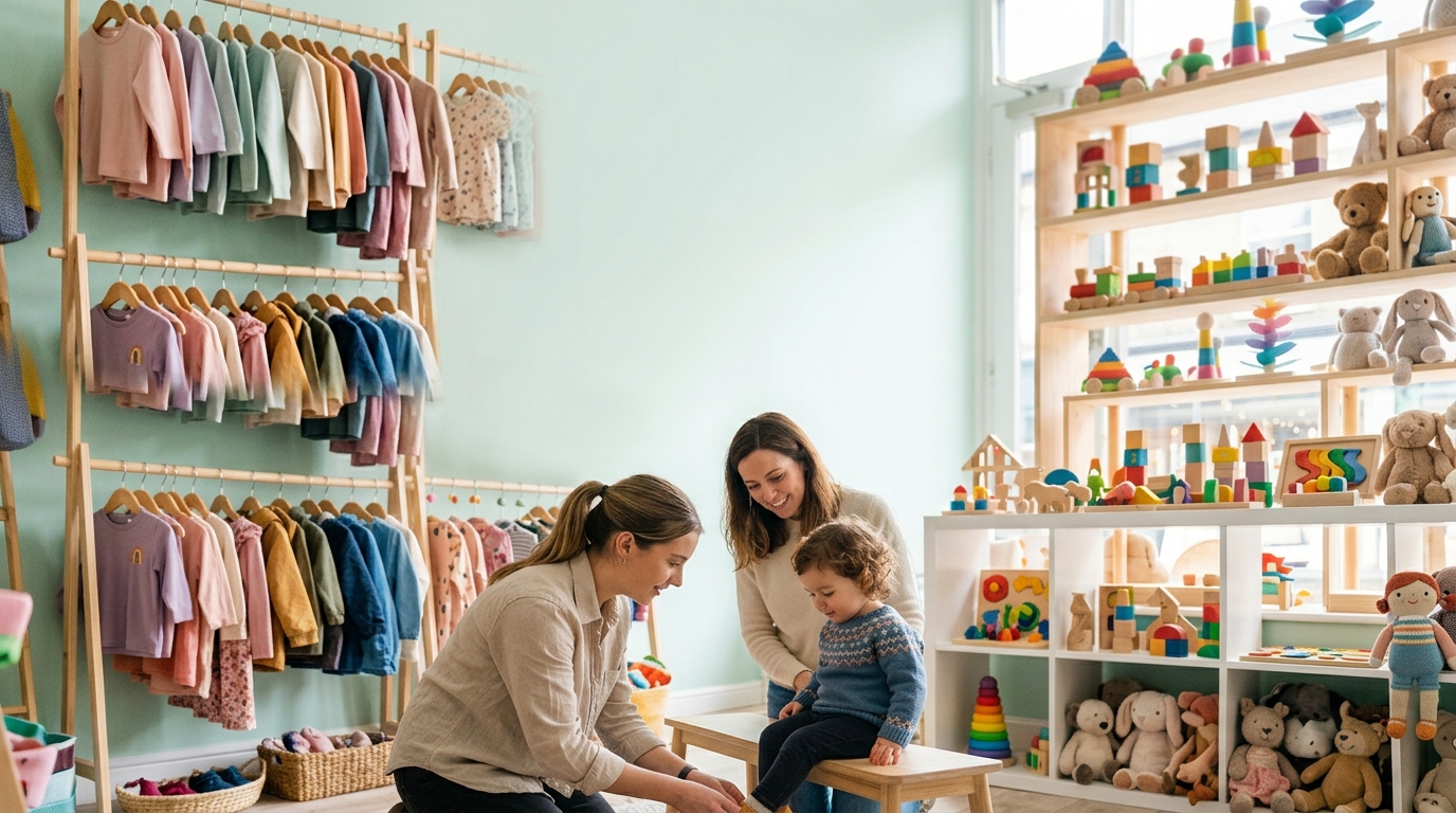 A shop assistant helping a toddler try on shoes in a bright children’s store