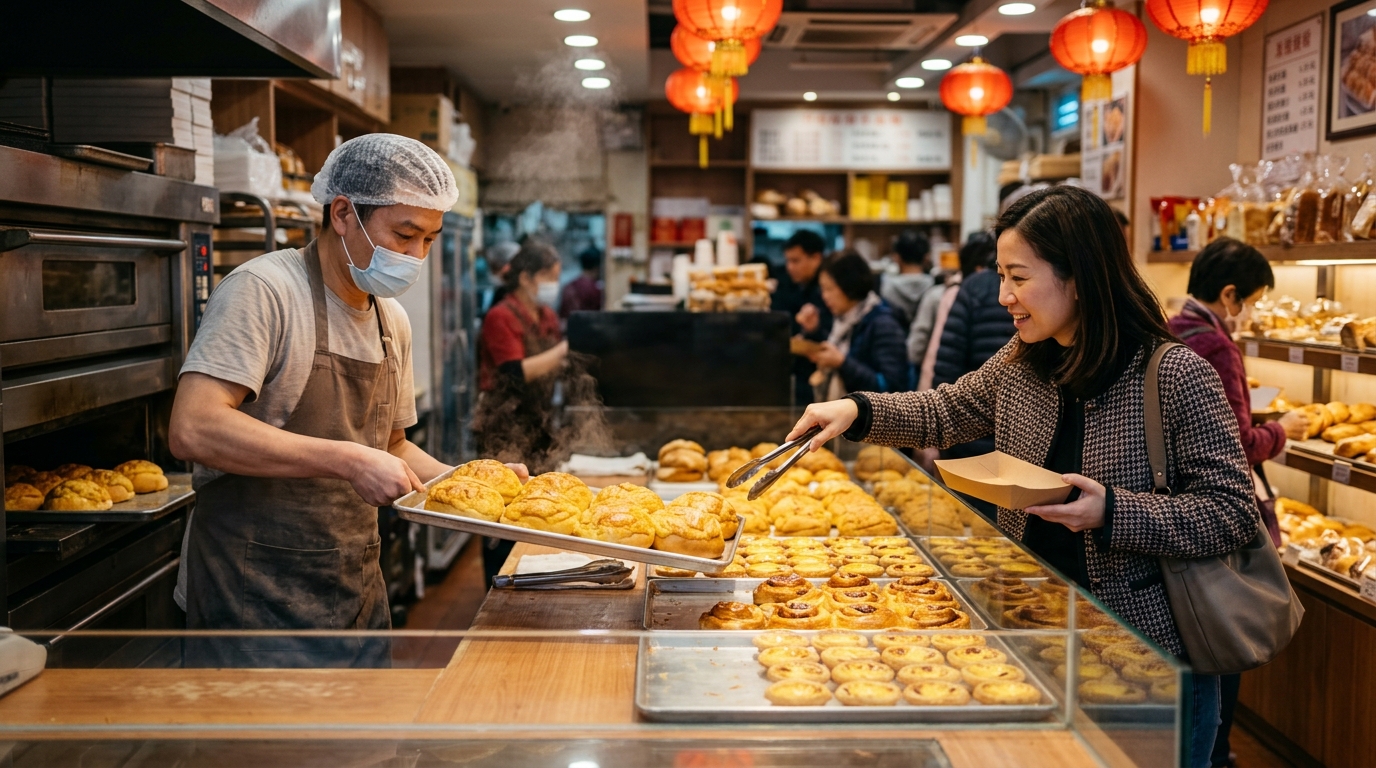 A baker placing fresh pineapple buns on a display counter beside egg tarts in a Chinese bakery