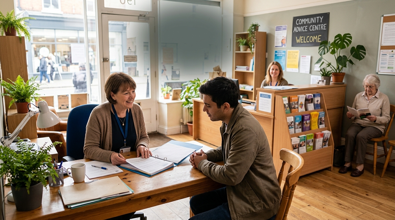 A volunteer adviser talking through documents with a client at a community advice centre