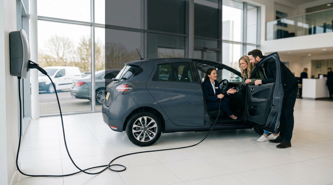 A sales adviser showing a couple the interior of a compact hatchback in a bright showroom