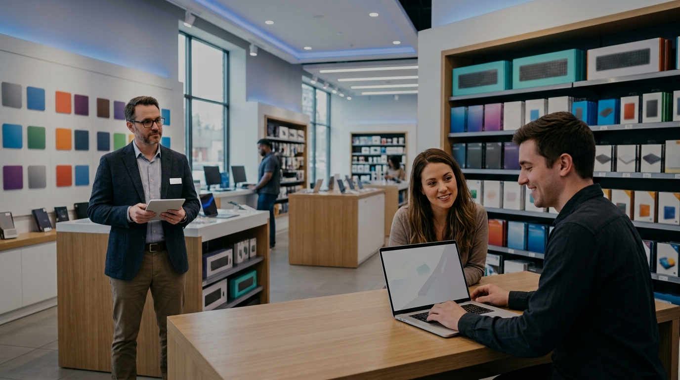 Adviser helping a customer choose software at a bright computer software store