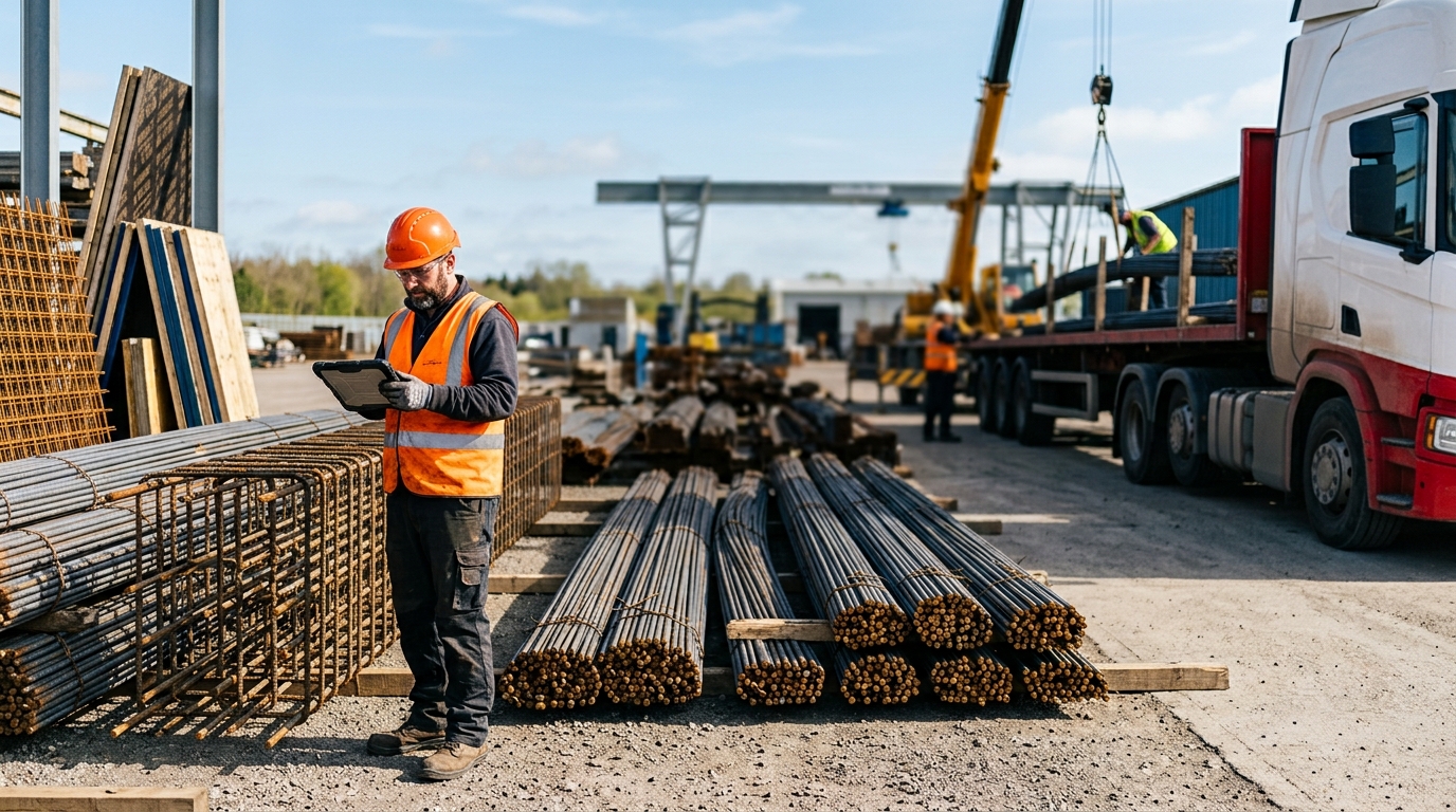 Fabricator checking a bending schedule beside stacked rebar and a reinforcement cage in a steel yard
