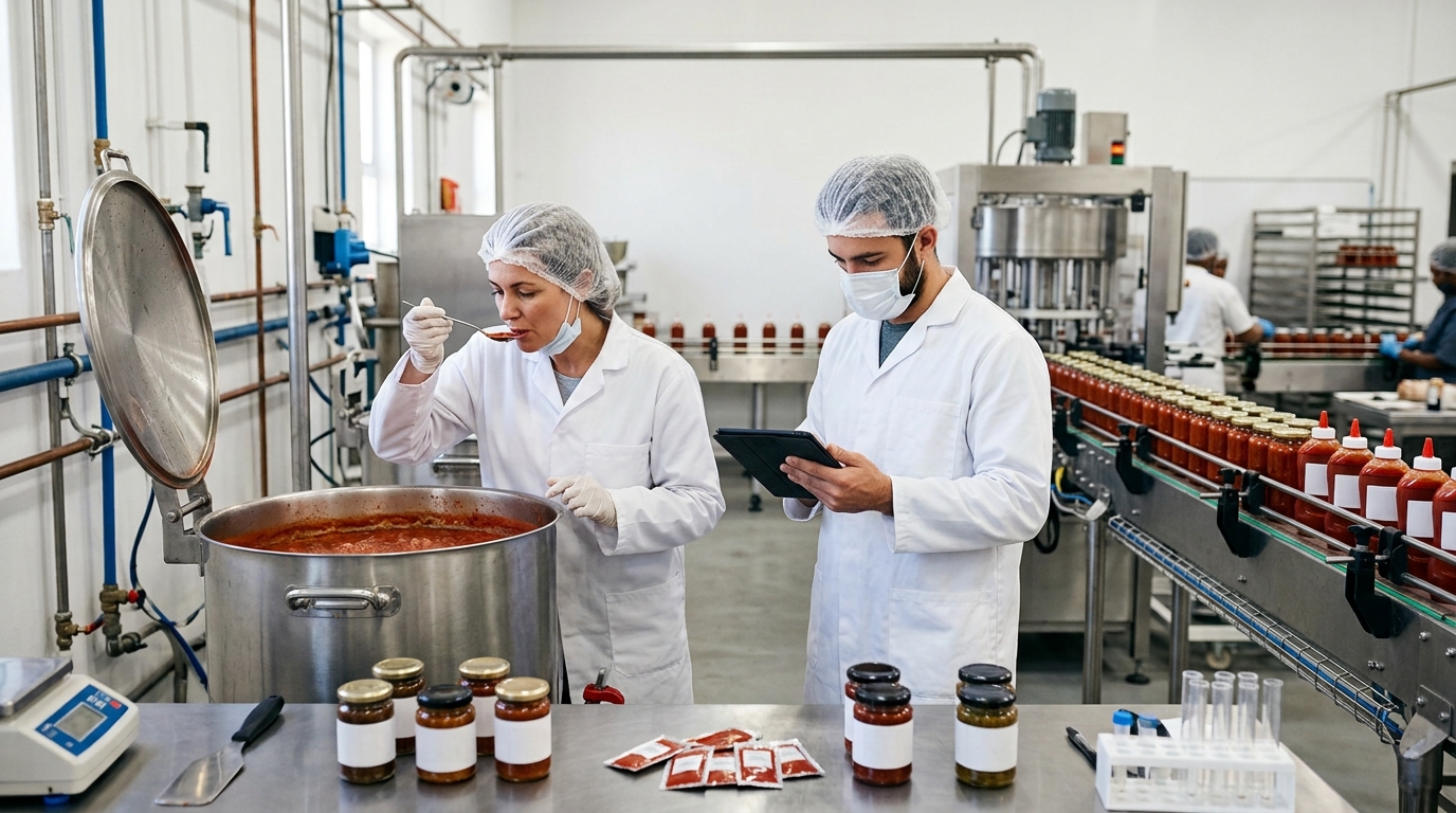 Food technicians checking sauces and filled jars on a packing line in a condiments kitchen