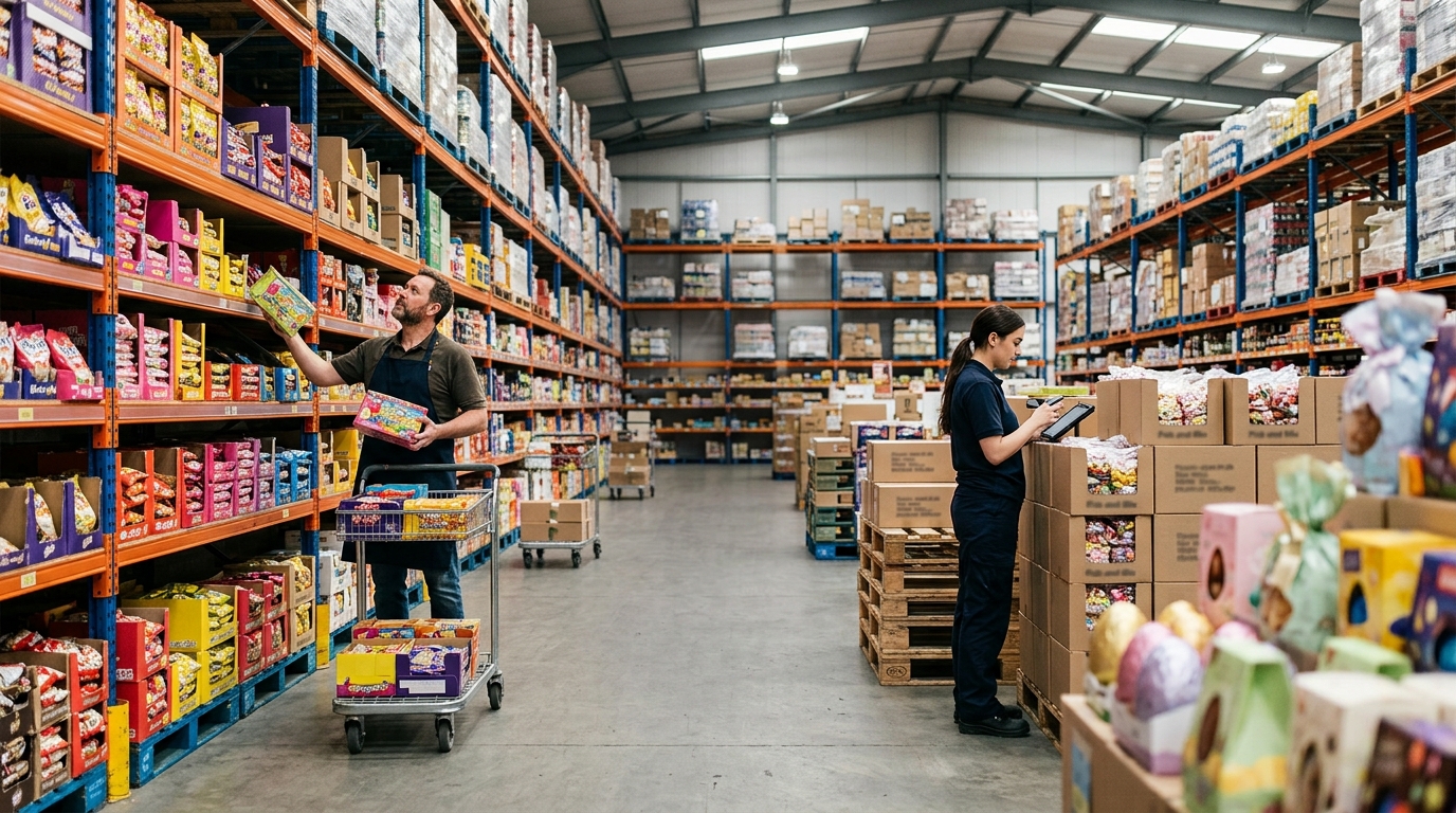 Shopkeeper choosing boxed sweets and chocolate from racks in a confectionery wholesale warehouse
