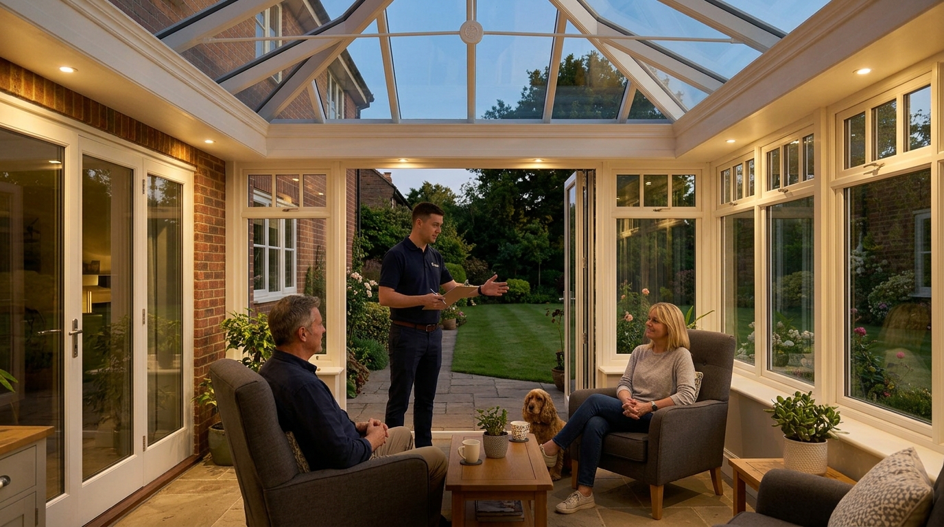 Couple with an installer inside a newly completed conservatory with a glass roof