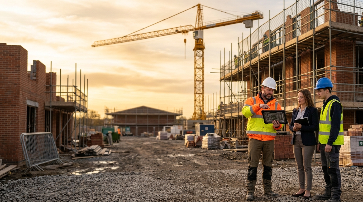 Site manager reviewing plans with a client and apprentice at a construction site