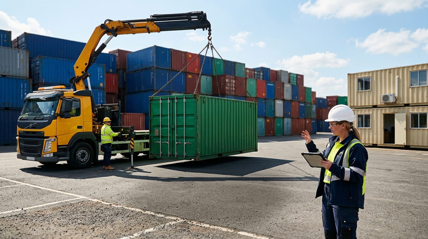 Delivery driver lowering a shipping container into position while a site manager checks placement