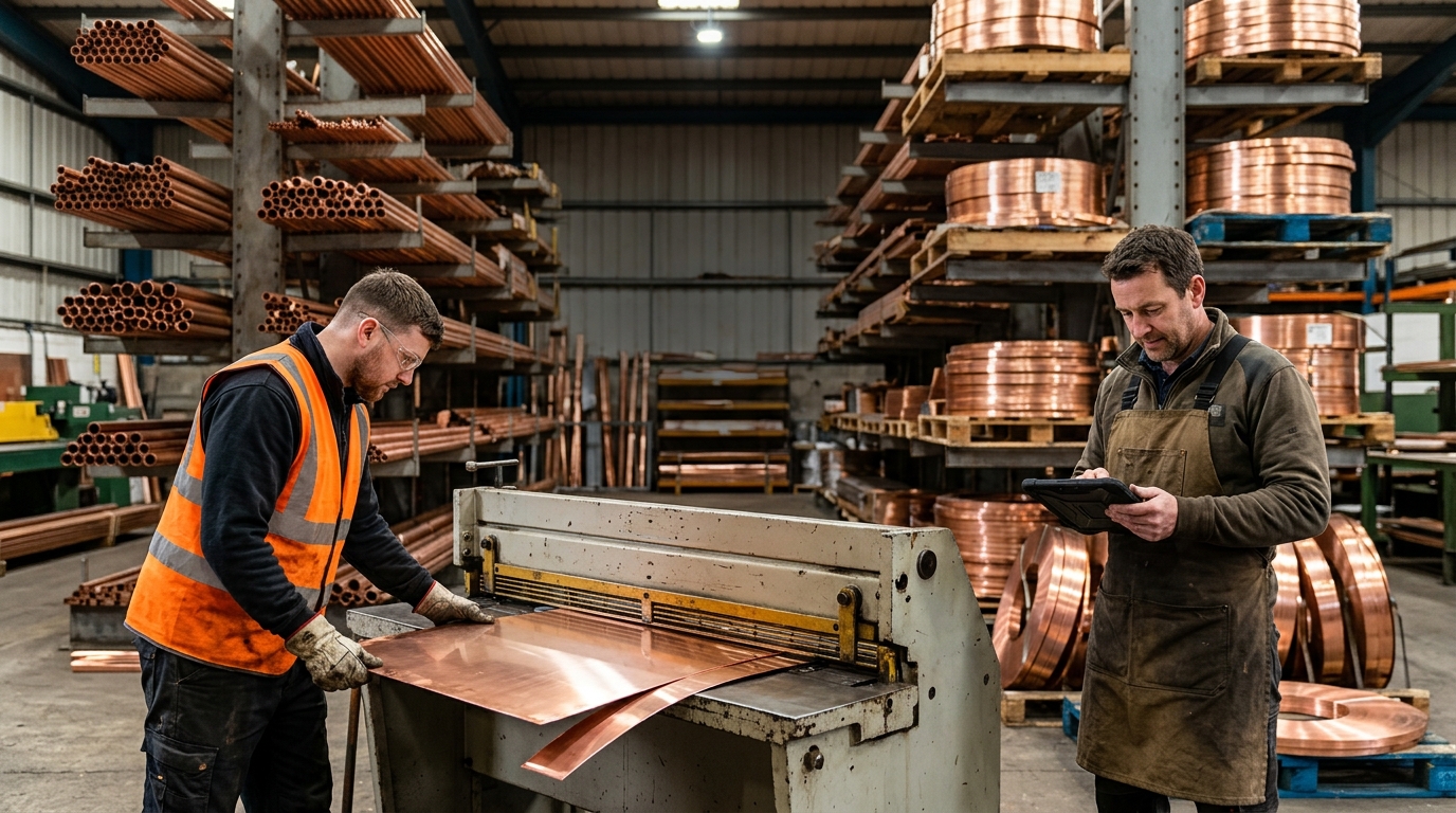 Operative cutting copper sheet to size for a trade customer in a metals stockholder’s warehouse