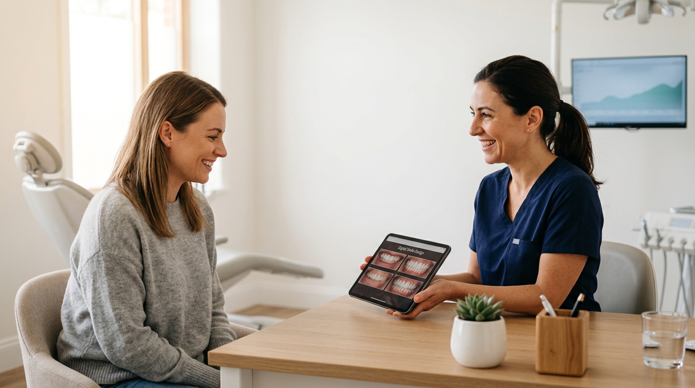 Dentist showing a patient a digital smile design during a consultation in a modern practice