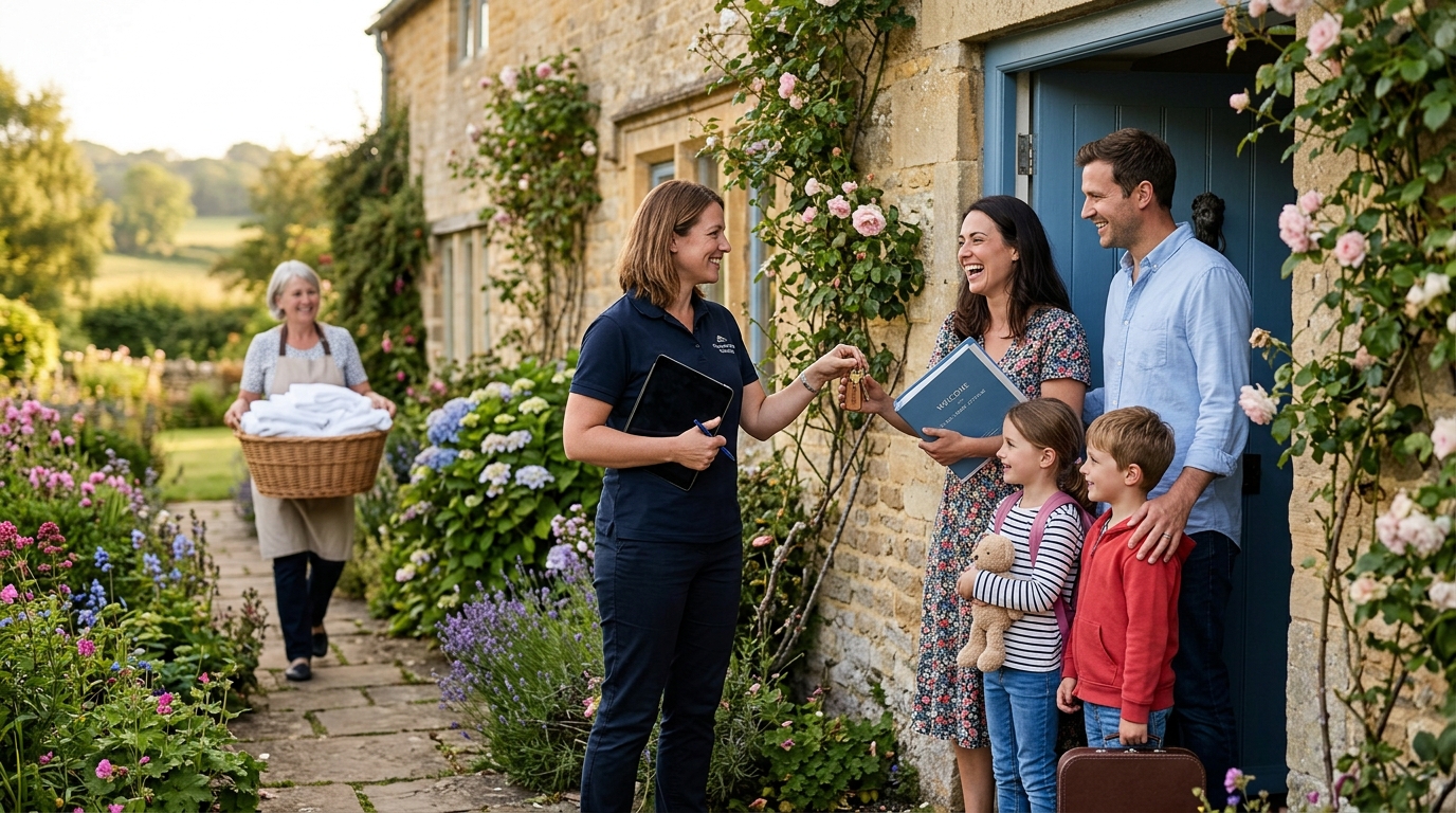 Agent welcoming a family at the door of a stone holiday cottage while a housekeeper prepares linen