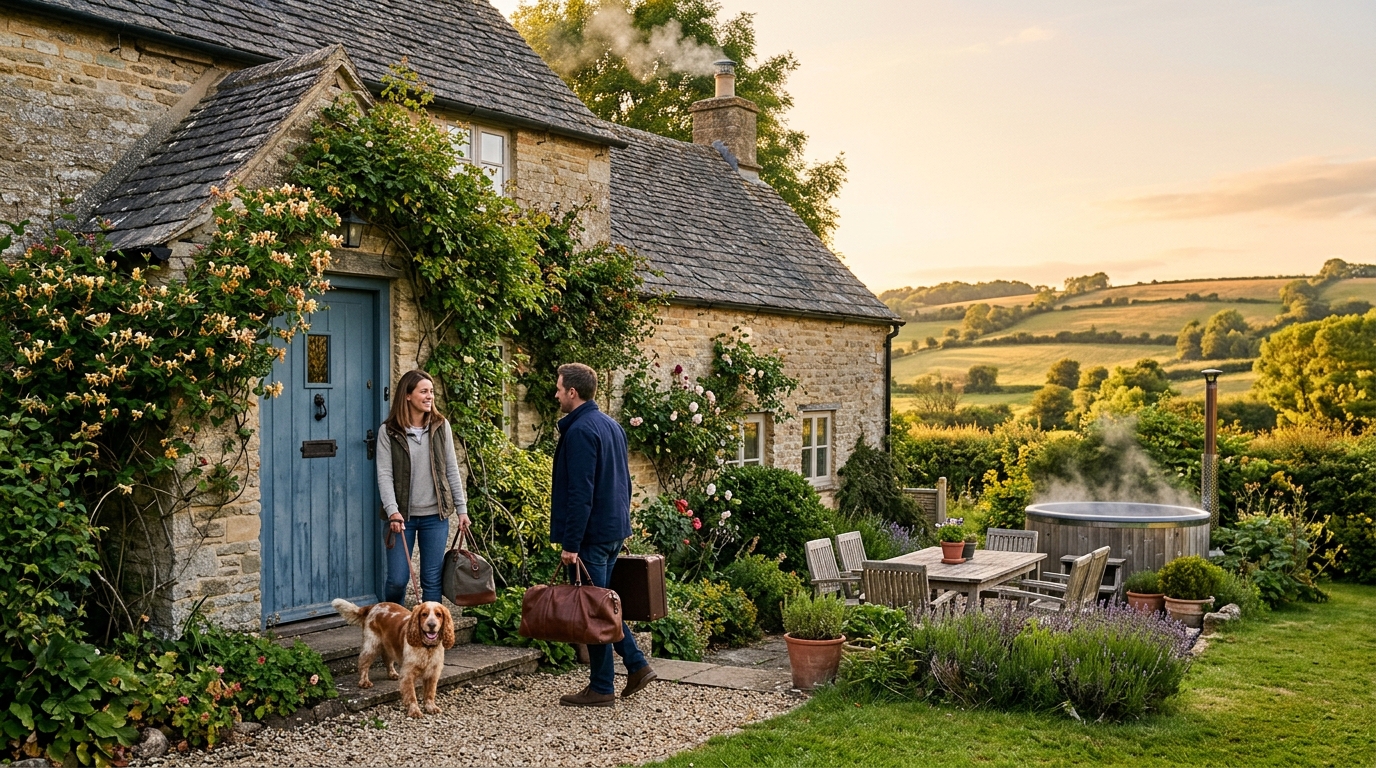 Couple and their dog arriving at a stone holiday cottage with a hot tub at golden hour