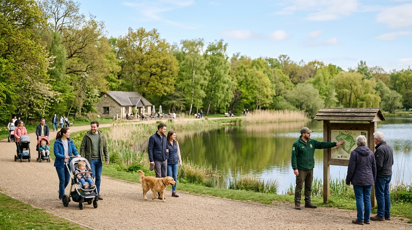 Families and walkers on a lakeside path in a country park as a ranger points to a trail map